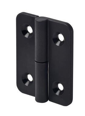 Hinge, black plastic, with stainless steel pin