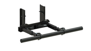 Une barre anti-encastrement rétractable horizontale en acier cataphorèse noire, composée de 2 platines, 2 petits bras et un tube rond de 127mm. Des vérins électriques relient les platines et les bras pour piloter le repli.