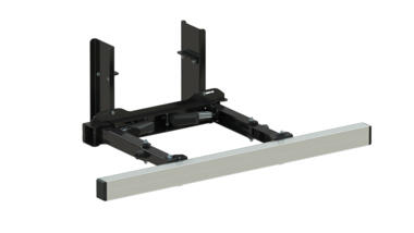 Une barre anti-encastrement rétractable horizontale en acier cataphorèse noire, composée de 2 platines, 2 bras moyens et un profil en aluminium anodisé. Des vérins électriques relient les platines et les bras pour piloter le repli.