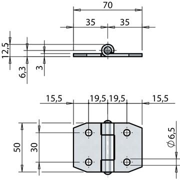 Bisagra de 3 nudos 50x70x3 mm para aplicaciones diversas (2)