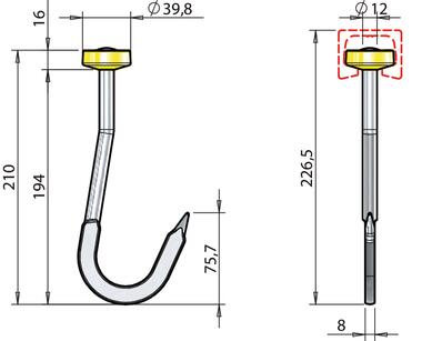 Stainless steel flat type, straight hook Ø 12 (2)