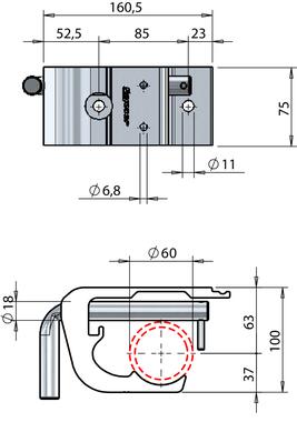 Tubular hook rail support brackets Ø60 with 90° handle (2)
