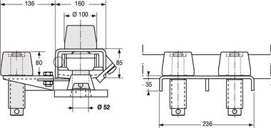 Travesaño equipado con cerrojos escamoteables con 2 rodillos guía y soporte vacío