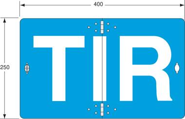 Aufklappbares TIR-Schild aus Aluminium, weiße Buchstaben auf blauem Grund
